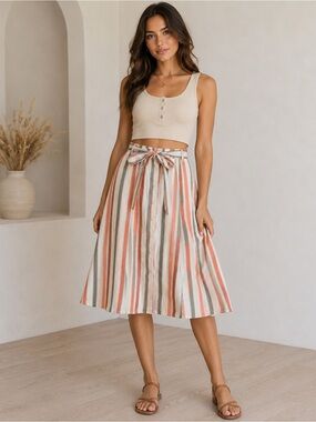 Elaine‎ Rose Linen Blend Striped Midi Skirt Size 12